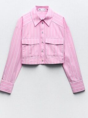 Zara Pink White Stripe Cropped Utility Button Down Shirt Small